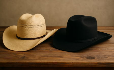 Straw and felt cowboy hats on a table.